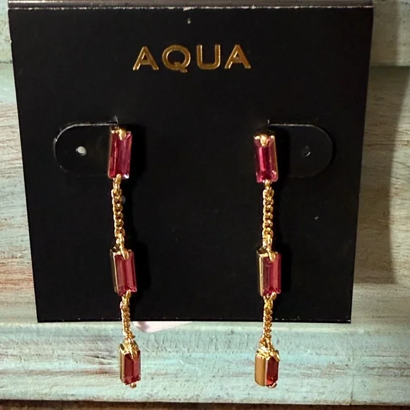 NWT AQUA Three Stone Linear Gold And Pink Earrings - Picture 4 of 10